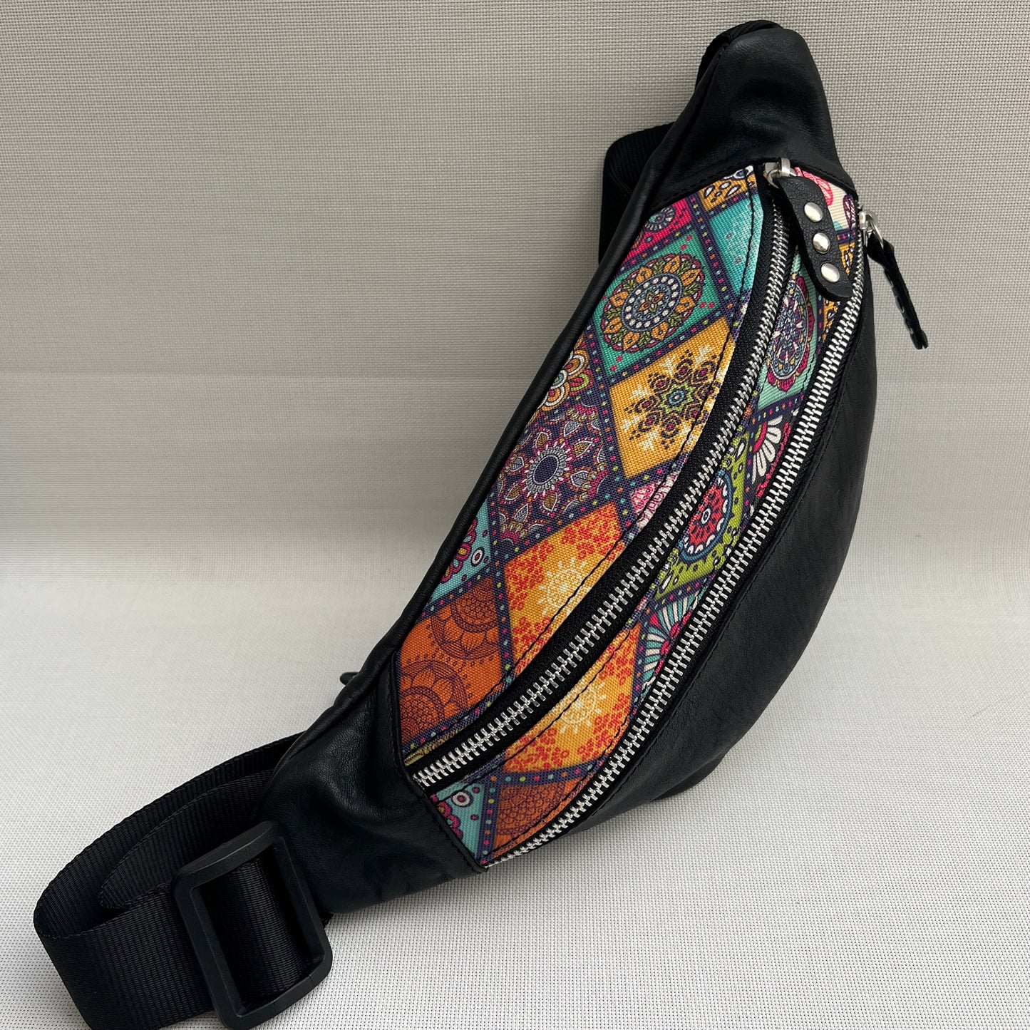 Retro Chic Special Black Mandalas BioCuir® natural leather Unique Piece No. 13003