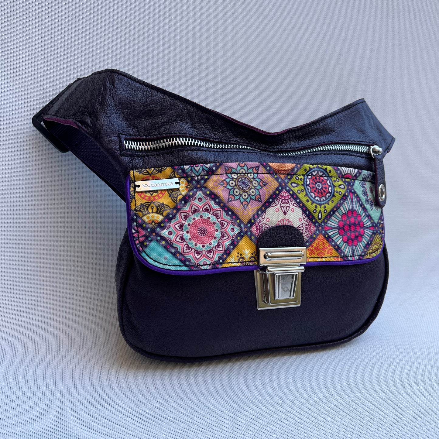 Special Dark Purple &amp; Mandalas BioCuir® natural leather Unique Piece No. 12358