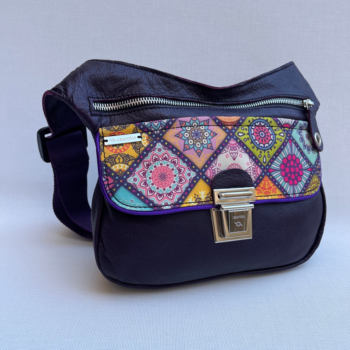 Special Dark Purple &amp; Mandalas BioCuir® natural leather Unique Piece No. 12358