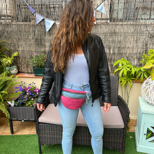 Retro Chic Rosa Fucsia, Azul Vaquero y Lila Claro · Piel natural BioCuir® · Pieza Exclusiva Núm. 11673