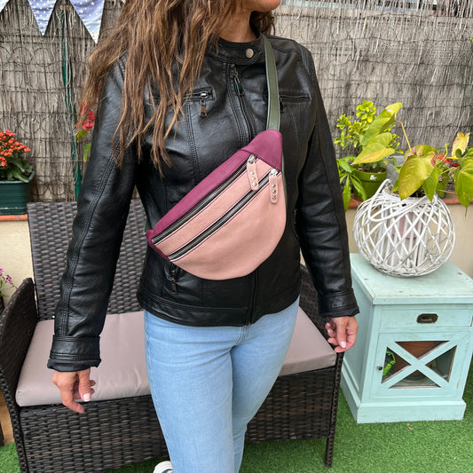 Retro Chic Pale Pink, Bordeaux and Green Natural BioCuir® Leather Exclusive Piece No. 11671