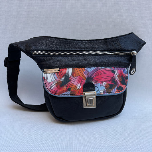 Mini Special Black &amp; Art Flowers BioCuir® natural leather Unique Piece No. 11784