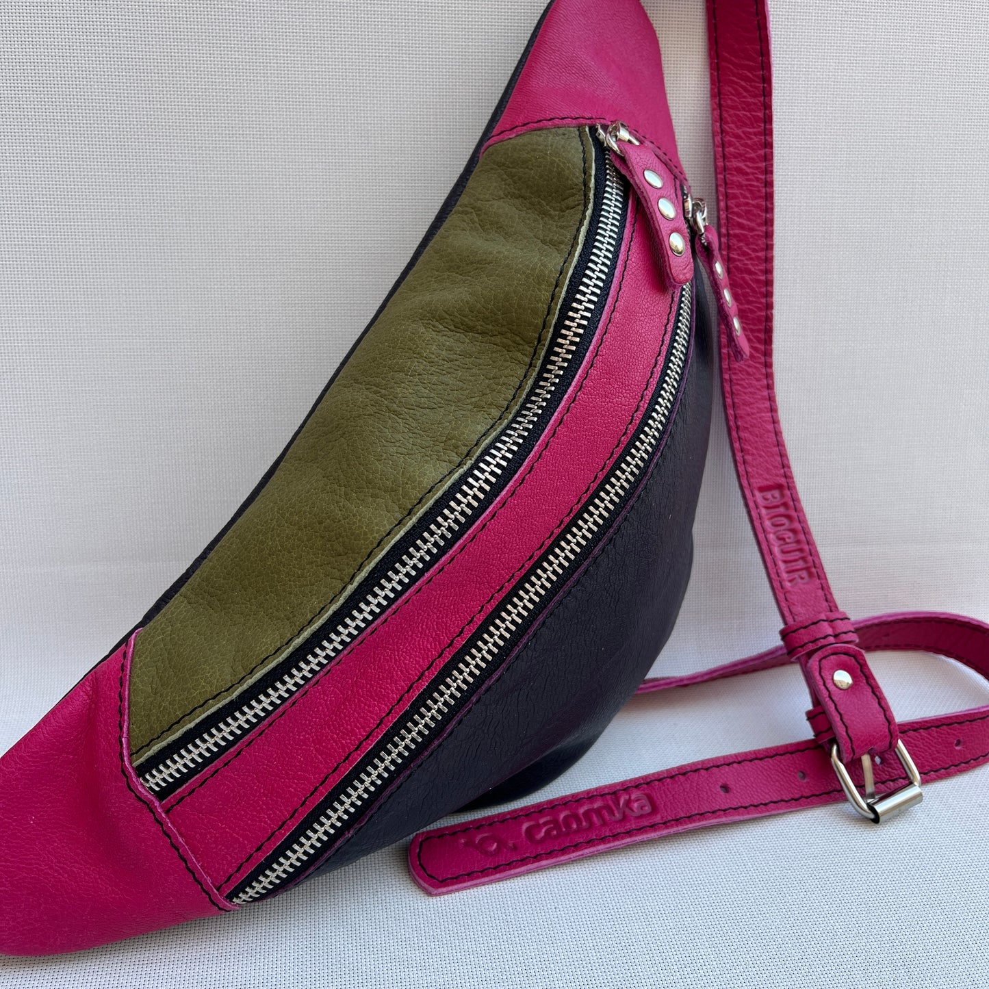 Retro Chic Dark Lilac, Fuchsia Pink and Pistachio BioCuir® Natural Leather Exclusive Piece No. 13380