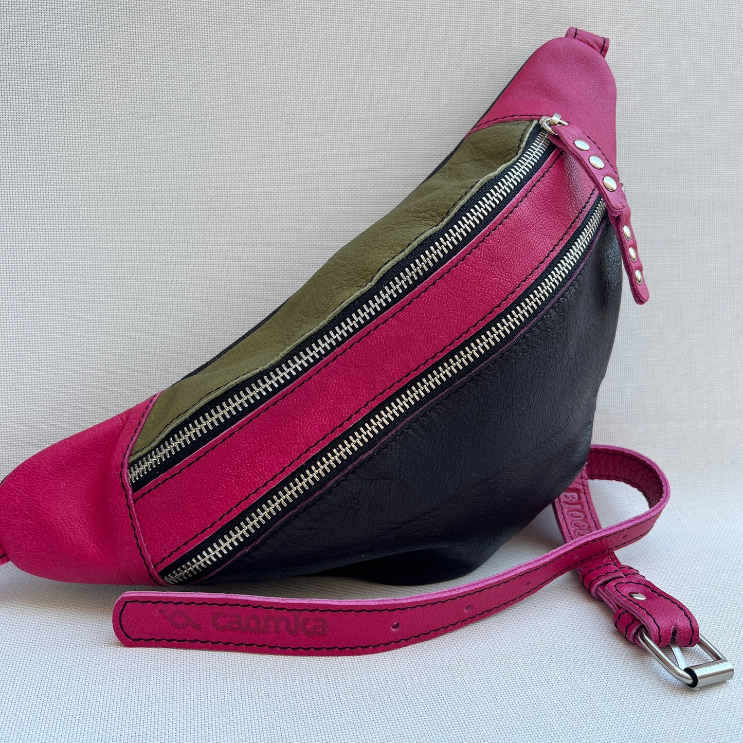 Retro Chic Dark Lilac, Fuchsia Pink and Pistachio BioCuir® Natural Leather Exclusive Piece No. 13380