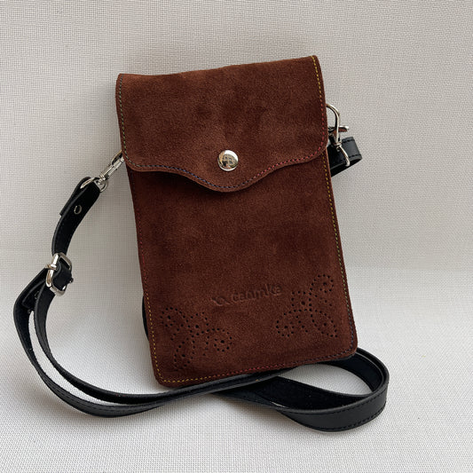 Mobile Holder Fire Design Split Leather Brown