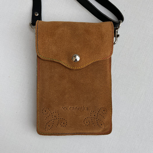 Mobile Holder Fire Design Split Leather Camel