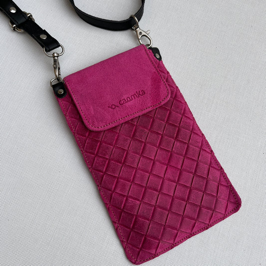 Mobile Holder Earth Design Braided Split Leather Fuchsia Pink