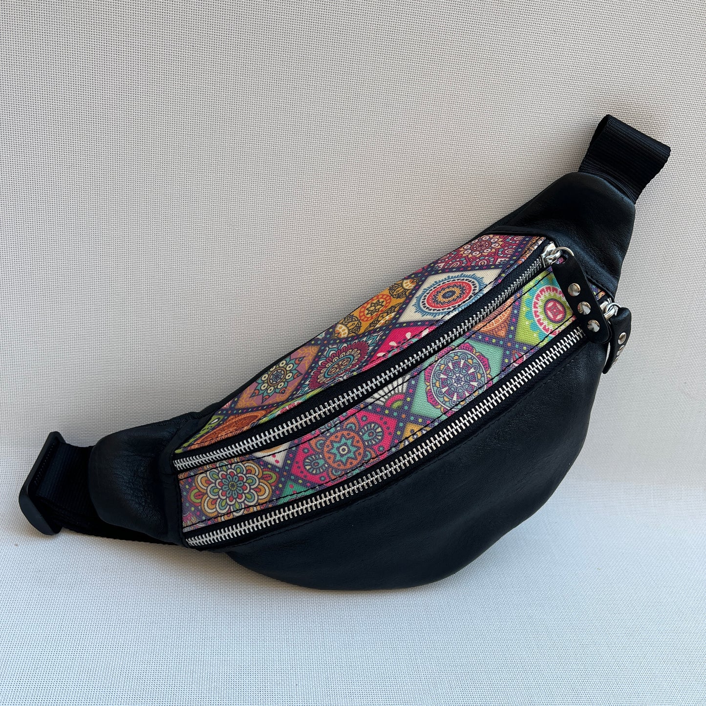 Retro Chic Special Black Mandalas BioCuir® natural leather Unique Piece No. 12845