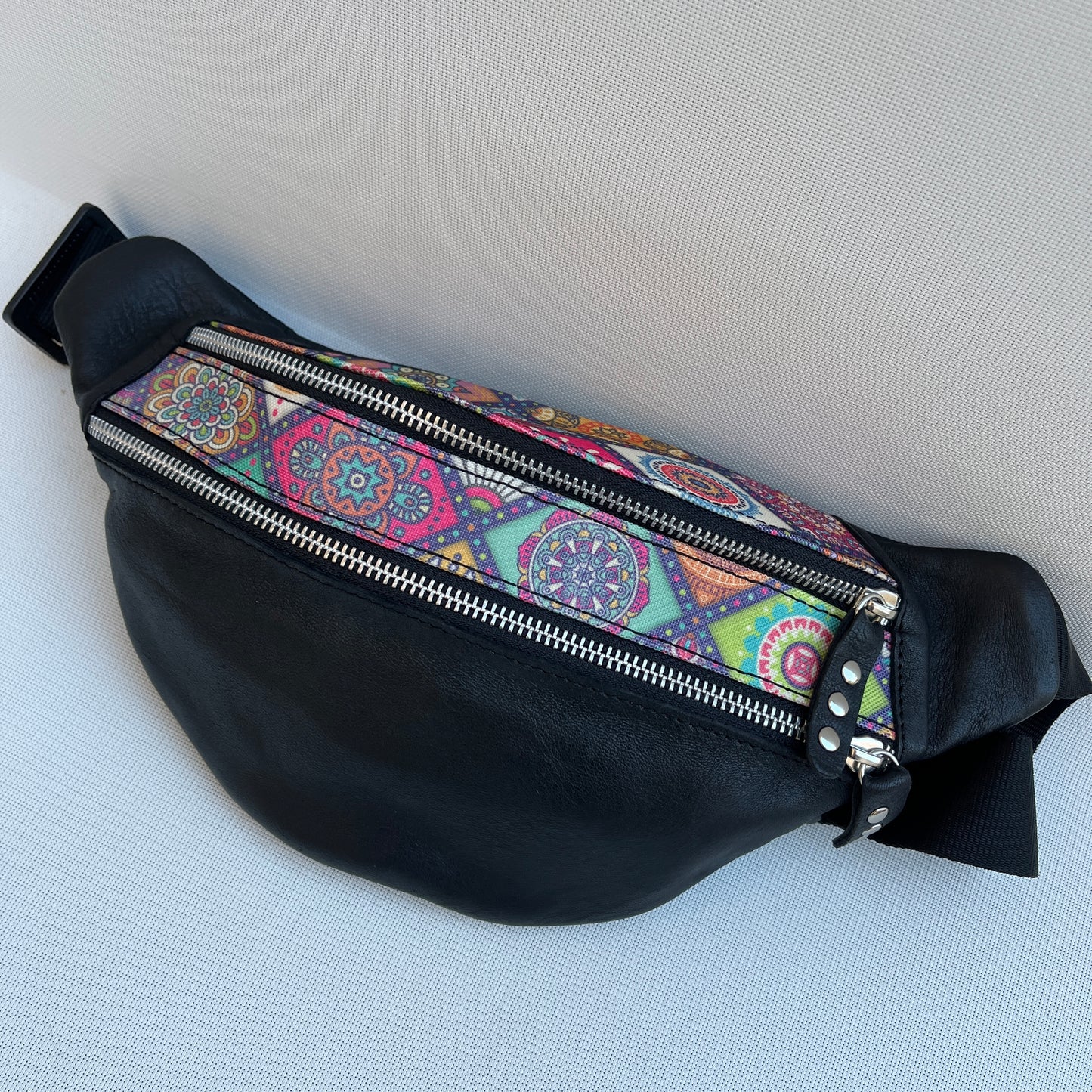 Retro Chic Special Black Mandalas BioCuir® natural leather Unique Piece No. 12845