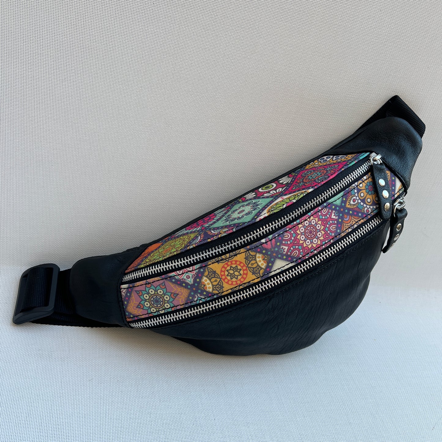 Retro Chic Special Black Mandalas BioCuir® natural leather Unique Piece No. 12781