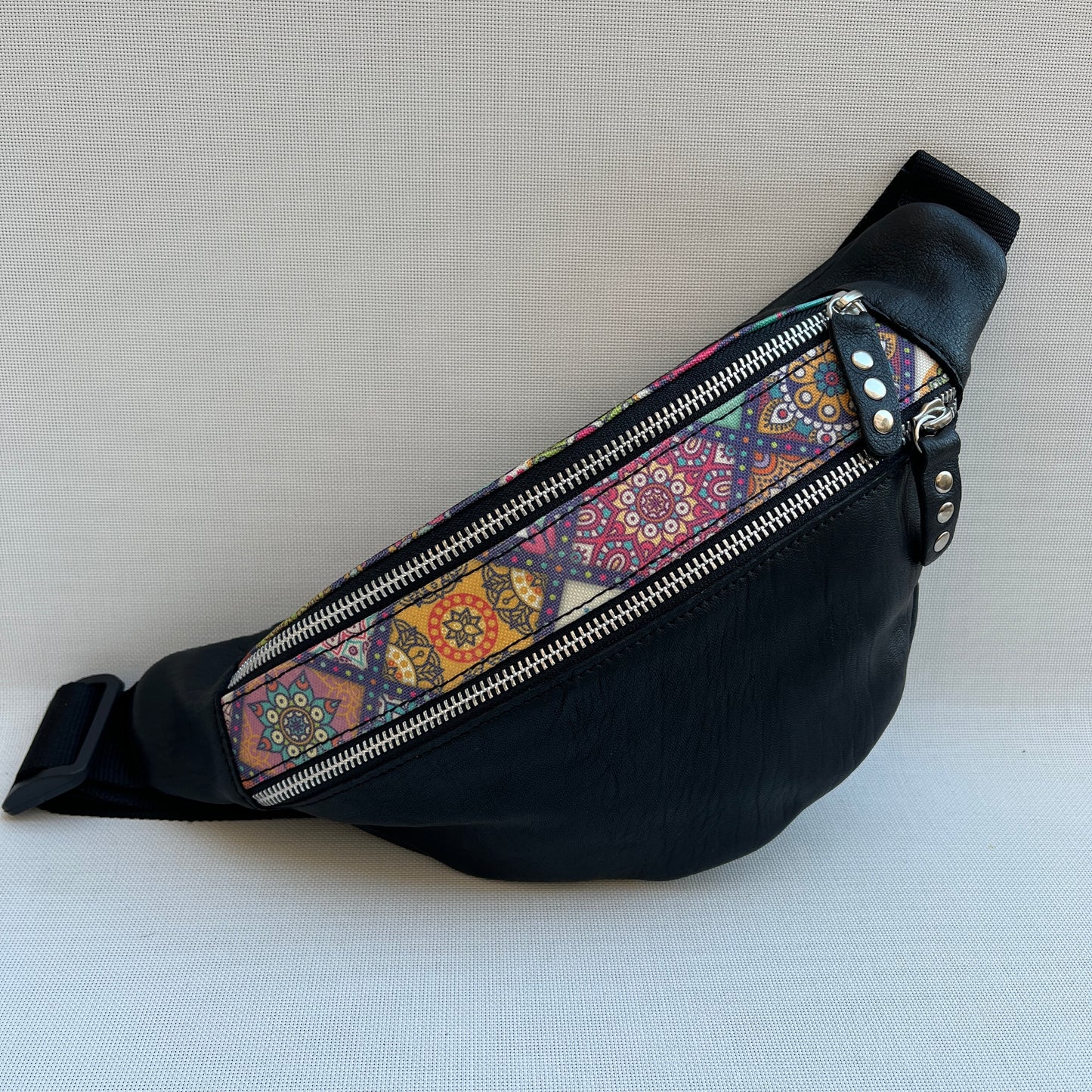 Retro Chic Special Black Mandalas BioCuir® natural leather Unique Piece No. 12781