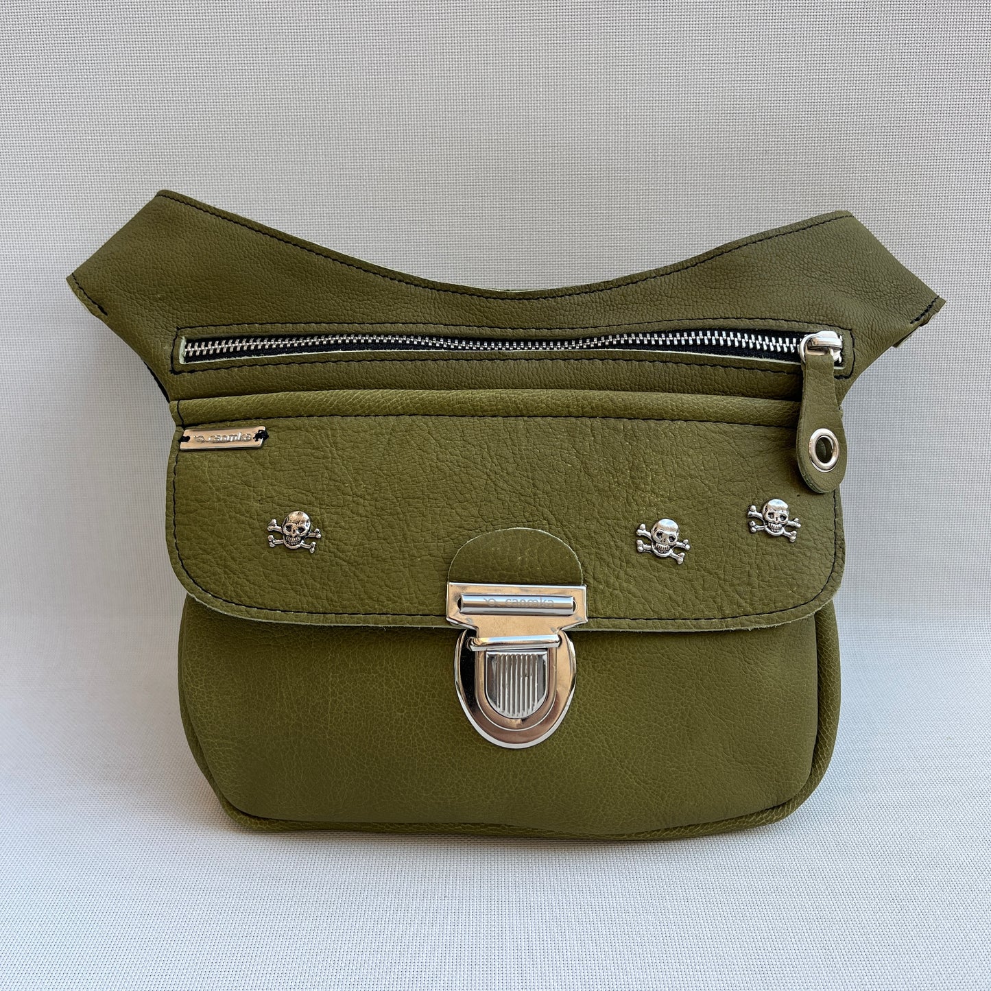 Premium SKULLS Pistachio Green &amp; Silver Natural BioCuir® Leather Exclusive Piece No. 12879