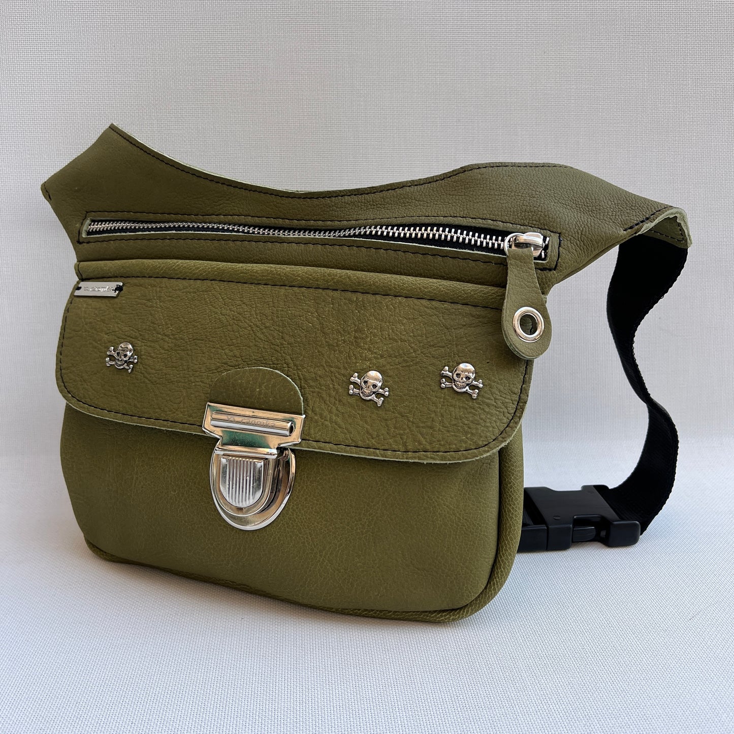 Premium SKULLS Pistachio Green &amp; Silver Natural BioCuir® Leather Exclusive Piece No. 12879