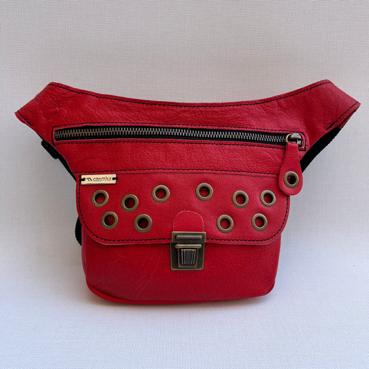 Mini Premium Red Circles &amp; Old Gold Natural BioCuir® Leather Exclusive Piece No. 12043