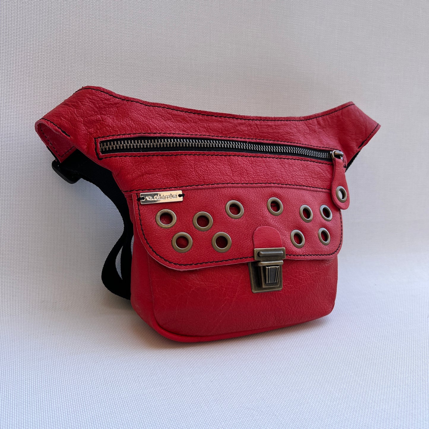 Mini Premium Red Circles &amp; Old Gold Natural BioCuir® Leather Exclusive Piece No. 12043