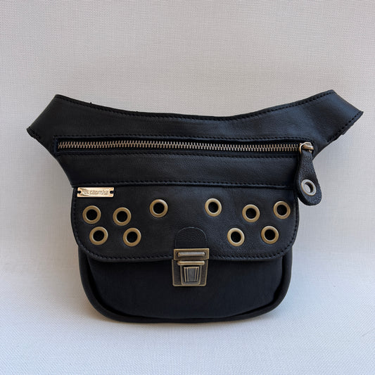 Mini Premium Black Circles &amp; Old Gold Natural BioCuir® Leather Exclusive Piece No. 12041