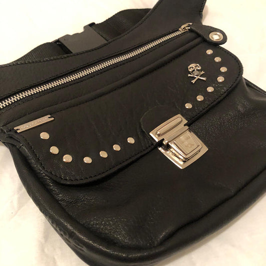 Premium Black Skulls &amp; Silver Natural BioCuir® Leather Unique Piece No. 8595